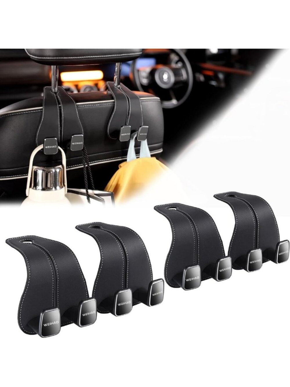 Wide Car Purse Hook Set - Twin Leather Headrest Hangers for Bags & Storage